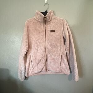 Columbia Womens Medium M Teddy Pink Jacket Zip Fauz Leather Accents Soft Fuzzy